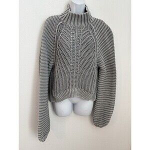 Free People Sweetheart Sweater Chunky Knit Mock Neck Balloon sleeves Size S Gray